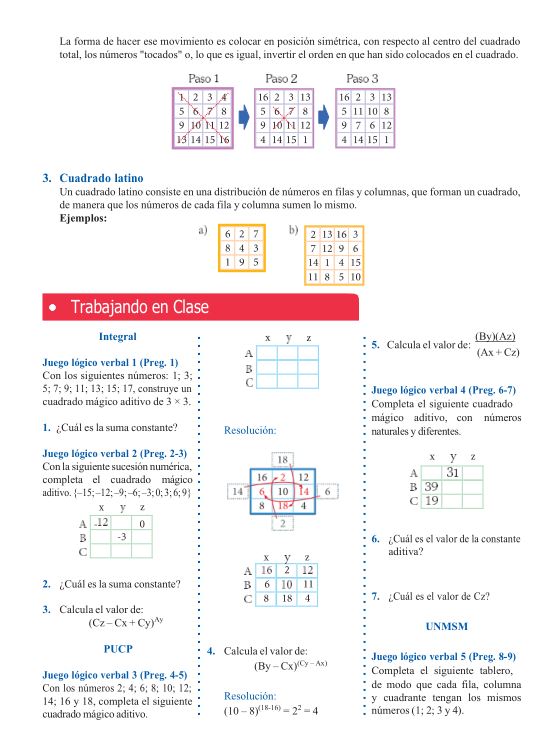 Cuadros Mágicos y Tablas para Primer Grado de Secundaria