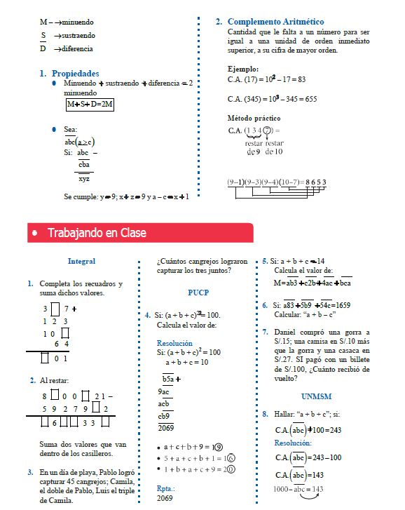Adición y Sustracción de Número Naturales para Primer Grado de Secundaria