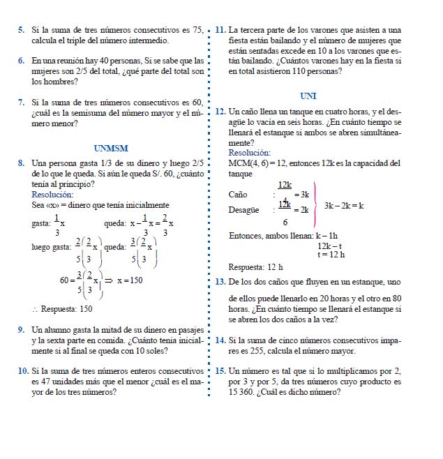 Problemas con Números Consecutivos y Fraccionarios para Primer Grado de Secundaria